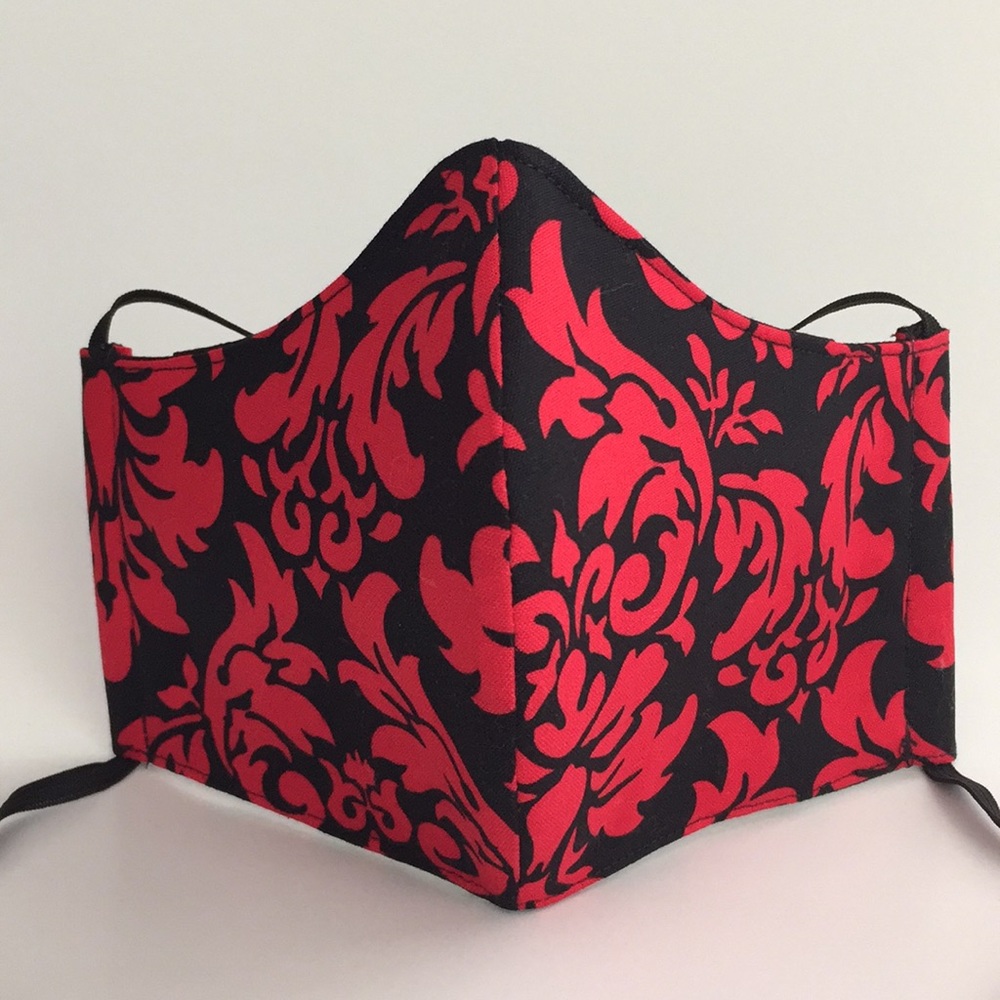 Red Black Damask Handmade Fabric Face Mask